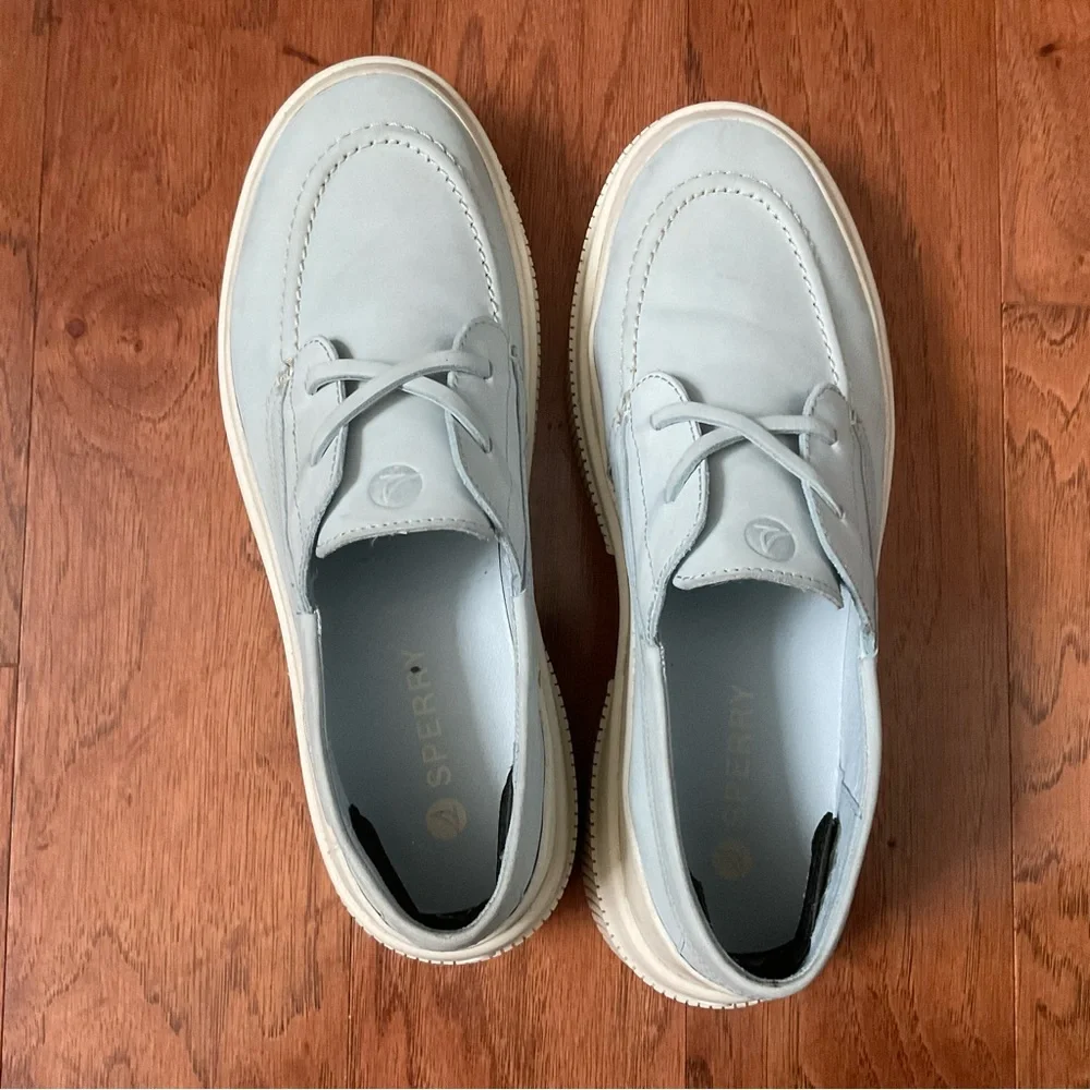 Sperry Highland Platform Baby Blue Boat Shoe Lace Loafers Size 9M Preppy Trendy